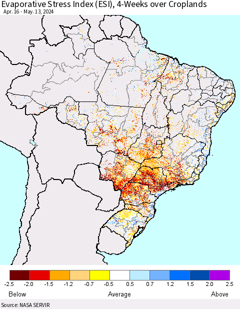 Brazil Evaporative Stress Index (ESI), 4-Weeks over Croplands Thematic Map For 5/13/2024 - 5/19/2024