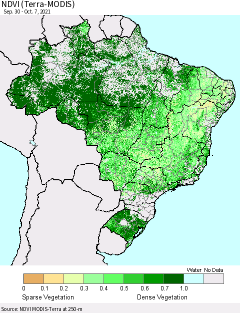 Brazil NDVI (Terra-MODIS) Thematic Map For 9/30/2021 - 10/7/2021