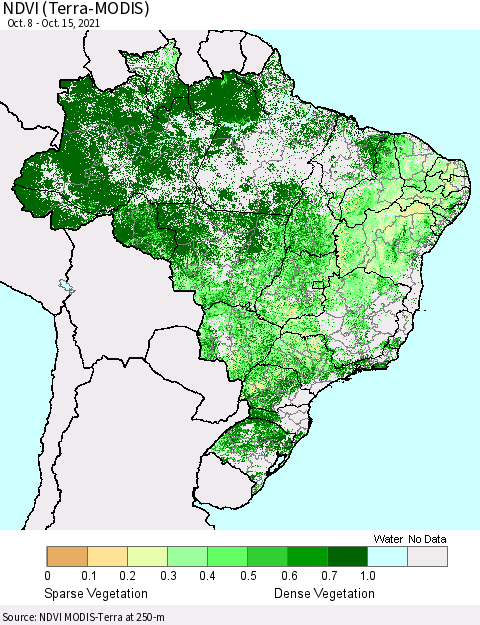 Brazil NDVI (Terra-MODIS) Thematic Map For 10/8/2021 - 10/15/2021