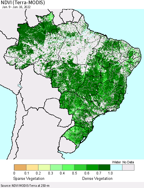 Brazil NDVI (Terra-MODIS) Thematic Map For 1/9/2022 - 1/16/2022