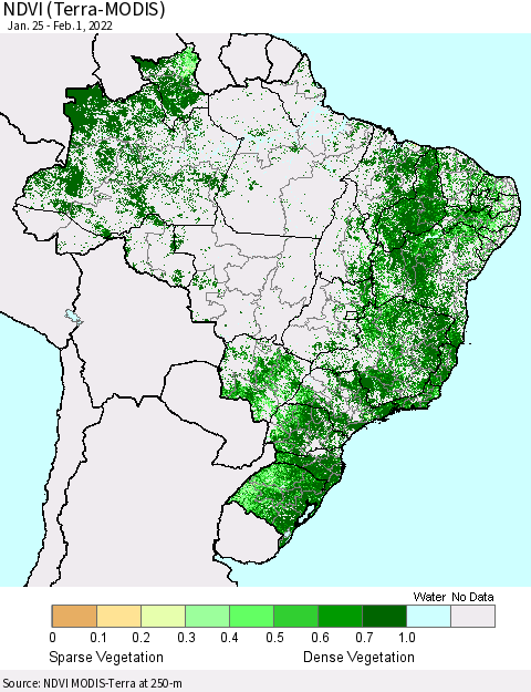 Brazil NDVI (Terra-MODIS) Thematic Map For 1/25/2022 - 2/1/2022