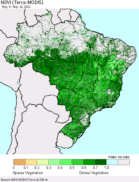 Brazil NDVI (Terra-MODIS) Thematic Map For 5/9/2022 - 5/16/2022