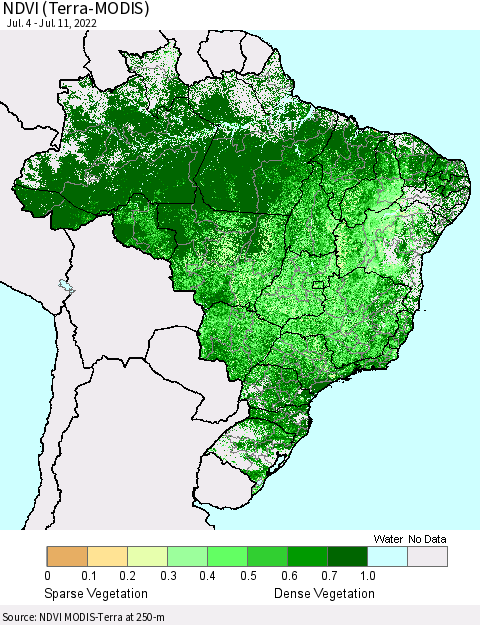 Brazil NDVI (Terra-MODIS) Thematic Map For 7/4/2022 - 7/11/2022
