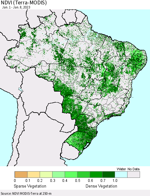 Brazil NDVI (Terra-MODIS) Thematic Map For 1/1/2023 - 1/8/2023