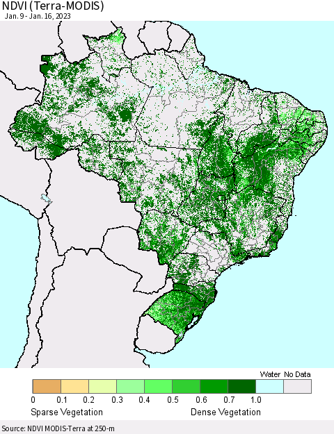 Brazil NDVI (Terra-MODIS) Thematic Map For 1/9/2023 - 1/16/2023