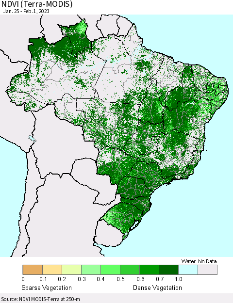Brazil NDVI (Terra-MODIS) Thematic Map For 1/25/2023 - 2/1/2023