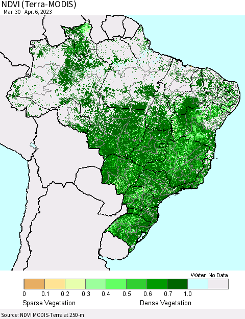 Brazil NDVI (Terra-MODIS) Thematic Map For 3/30/2023 - 4/6/2023