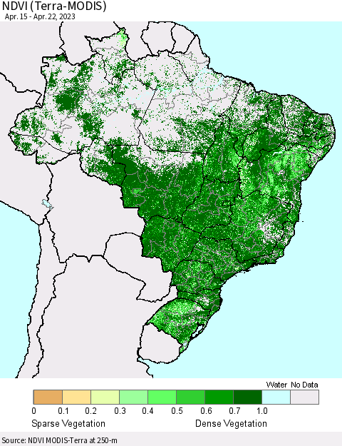 Brazil NDVI (Terra-MODIS) Thematic Map For 4/15/2023 - 4/22/2023