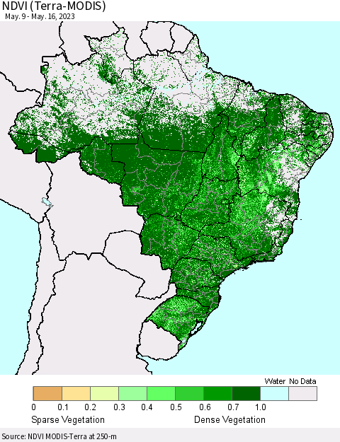 Brazil NDVI (Terra-MODIS) Thematic Map For 5/9/2023 - 5/16/2023