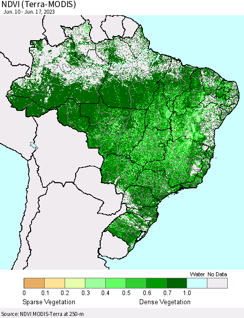 Brazil NDVI (Terra-MODIS) Thematic Map For 6/10/2023 - 6/17/2023