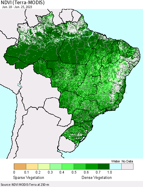 Brazil NDVI (Terra-MODIS) Thematic Map For 6/18/2023 - 6/25/2023