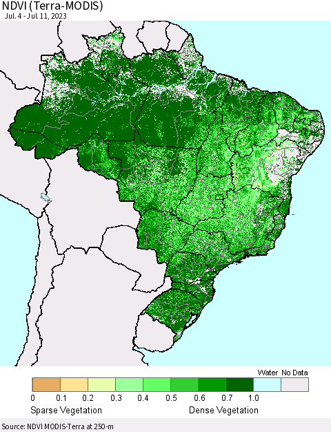 Brazil NDVI (Terra-MODIS) Thematic Map For 7/4/2023 - 7/11/2023