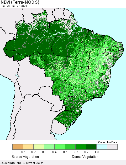 Brazil NDVI (Terra-MODIS) Thematic Map For 7/20/2023 - 7/27/2023