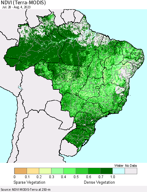 Brazil NDVI (Terra-MODIS) Thematic Map For 7/28/2023 - 8/4/2023