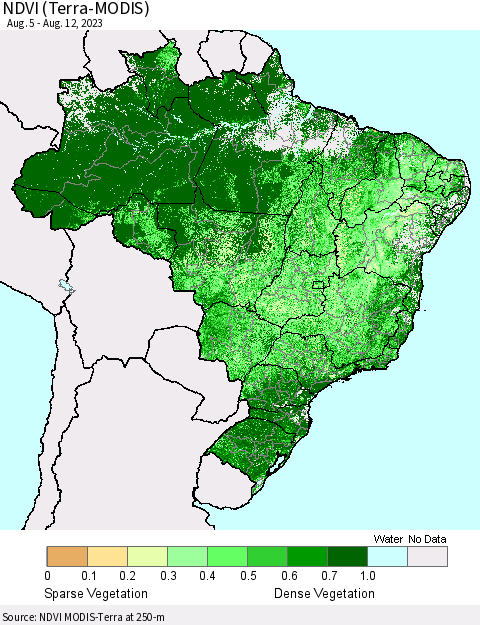 Brazil NDVI (Terra-MODIS) Thematic Map For 8/5/2023 - 8/12/2023