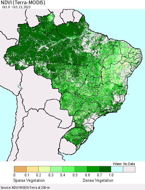 Brazil NDVI (Terra-MODIS) Thematic Map For 10/8/2023 - 10/15/2023