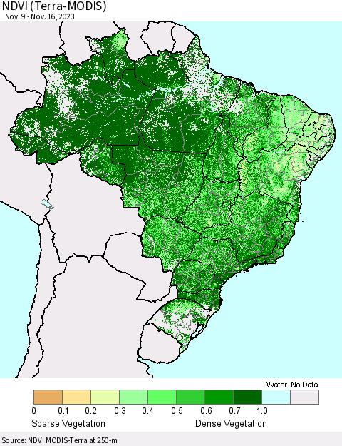 Brazil NDVI (Terra-MODIS) Thematic Map For 11/9/2023 - 11/16/2023