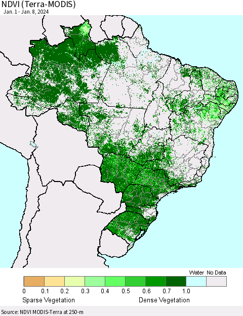 Brazil NDVI (Terra-MODIS) Thematic Map For 1/1/2024 - 1/8/2024