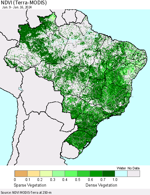 Brazil NDVI (Terra-MODIS) Thematic Map For 1/9/2024 - 1/16/2024