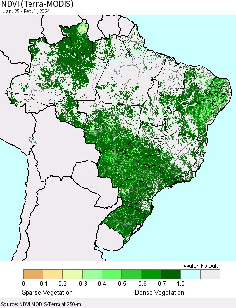 Brazil NDVI (Terra-MODIS) Thematic Map For 1/25/2024 - 2/1/2024