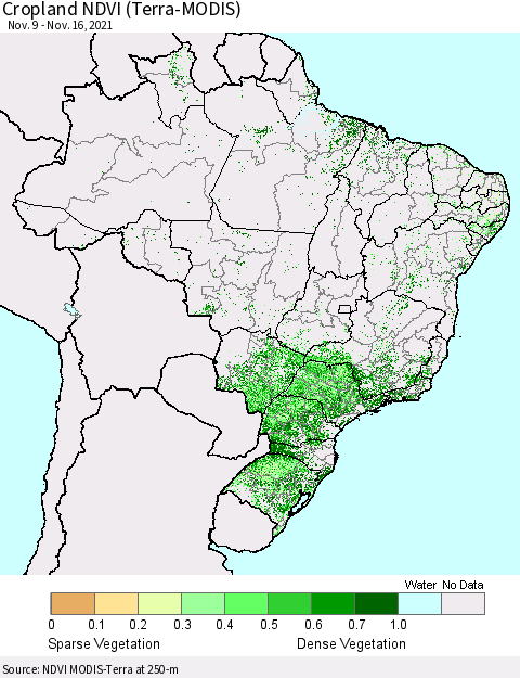 Brazil Cropland NDVI (Terra-MODIS) Thematic Map For 11/9/2021 - 11/16/2021