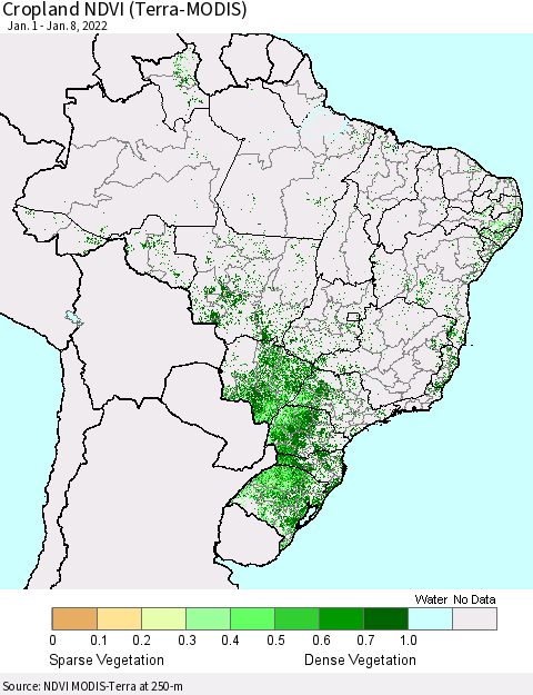 Brazil Cropland NDVI (Terra-MODIS) Thematic Map For 1/1/2022 - 1/8/2022