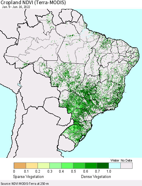 Brazil Cropland NDVI (Terra-MODIS) Thematic Map For 1/9/2022 - 1/16/2022