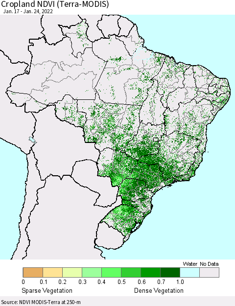 Brazil Cropland NDVI (Terra-MODIS) Thematic Map For 1/17/2022 - 1/24/2022