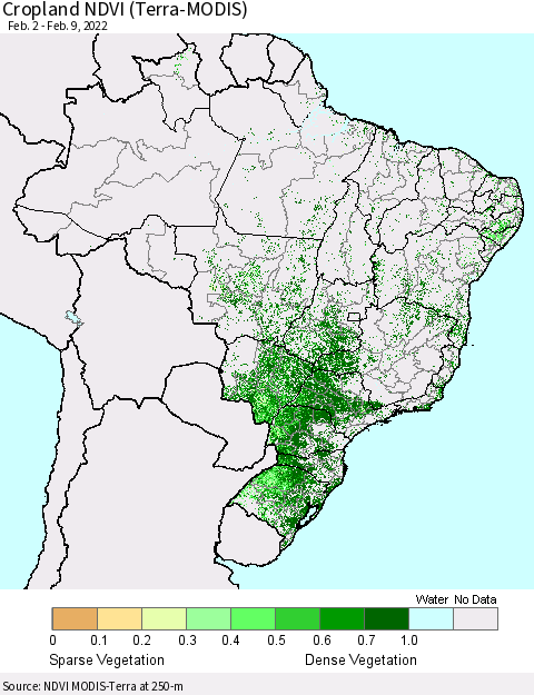 Brazil Cropland NDVI (Terra-MODIS) Thematic Map For 2/2/2022 - 2/9/2022