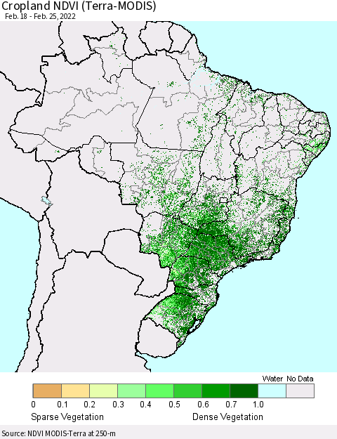 Brazil Cropland NDVI (Terra-MODIS) Thematic Map For 2/18/2022 - 2/25/2022