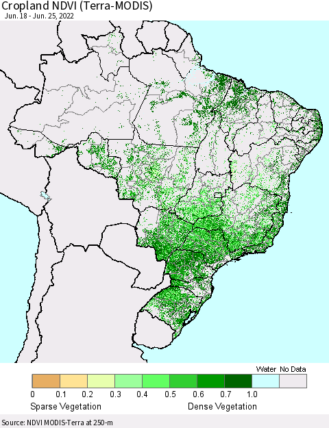 Brazil Cropland NDVI (Terra-MODIS) Thematic Map For 6/18/2022 - 6/25/2022