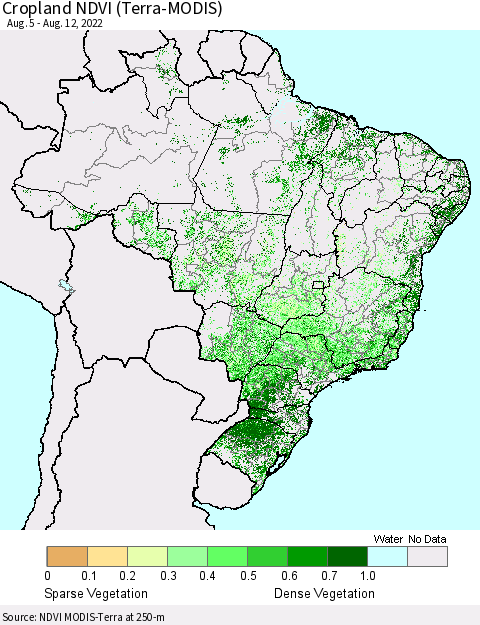 Brazil Cropland NDVI (Terra-MODIS) Thematic Map For 8/5/2022 - 8/12/2022