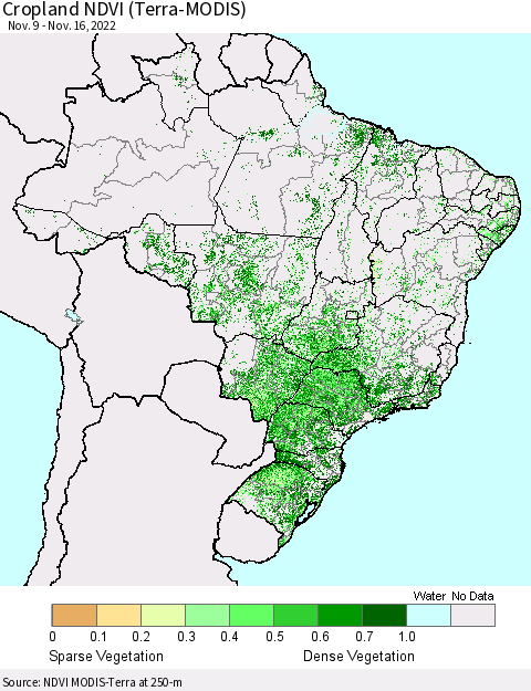 Brazil Cropland NDVI (Terra-MODIS) Thematic Map For 11/9/2022 - 11/16/2022