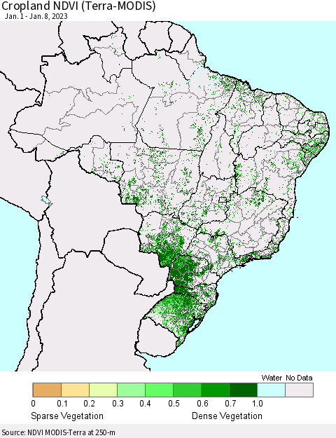 Brazil Cropland NDVI (Terra-MODIS) Thematic Map For 1/1/2023 - 1/8/2023