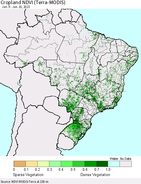 Brazil Cropland NDVI (Terra-MODIS) Thematic Map For 1/9/2023 - 1/16/2023