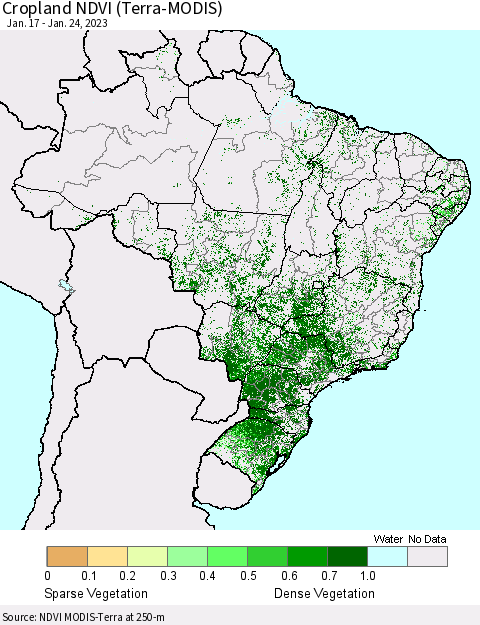 Brazil Cropland NDVI (Terra-MODIS) Thematic Map For 1/17/2023 - 1/24/2023