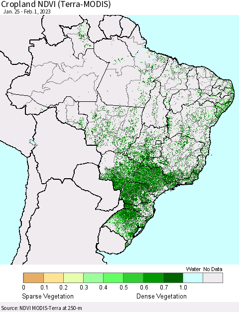 Brazil Cropland NDVI (Terra-MODIS) Thematic Map For 1/25/2023 - 2/1/2023