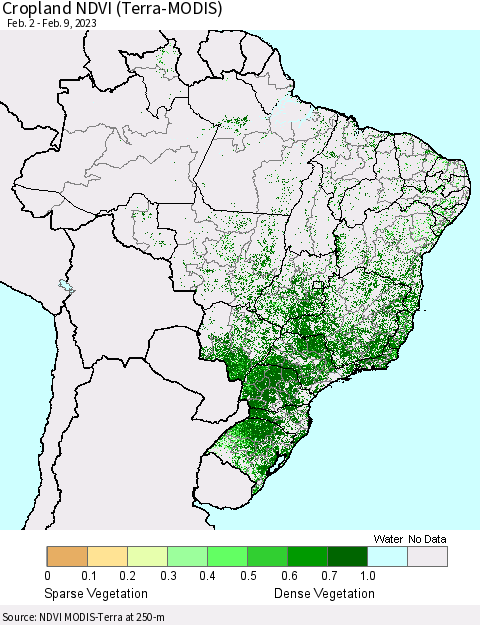 Brazil Cropland NDVI (Terra-MODIS) Thematic Map For 2/2/2023 - 2/9/2023