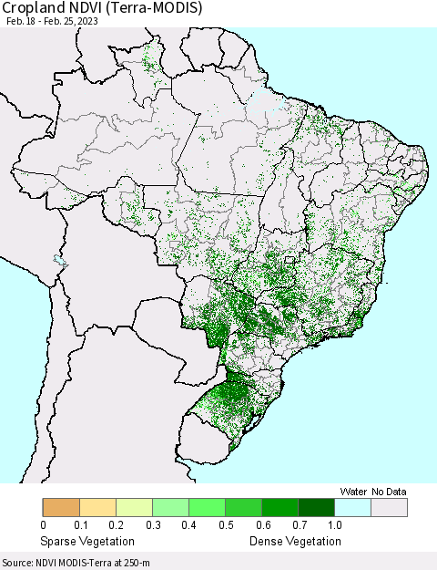 Brazil Cropland NDVI (Terra-MODIS) Thematic Map For 2/18/2023 - 2/25/2023