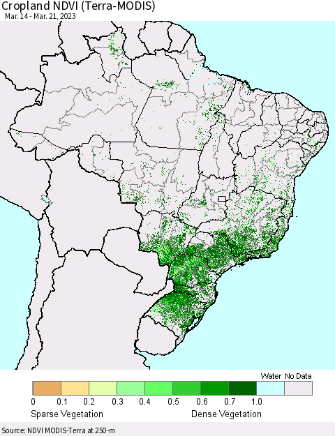 Brazil Cropland NDVI (Terra-MODIS) Thematic Map For 3/14/2023 - 3/21/2023