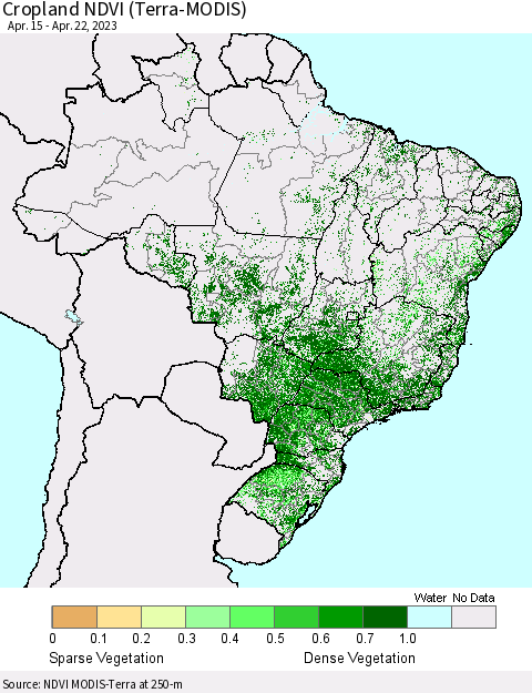 Brazil Cropland NDVI (Terra-MODIS) Thematic Map For 4/15/2023 - 4/22/2023