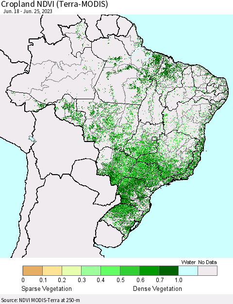 Brazil Cropland NDVI (Terra-MODIS) Thematic Map For 6/18/2023 - 6/25/2023