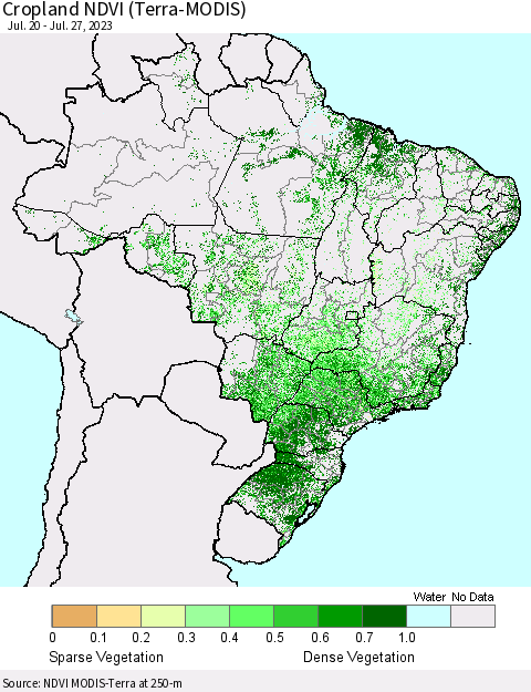 Brazil Cropland NDVI (Terra-MODIS) Thematic Map For 7/20/2023 - 7/27/2023