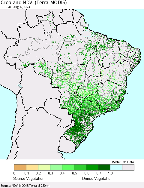 Brazil Cropland NDVI (Terra-MODIS) Thematic Map For 7/28/2023 - 8/4/2023
