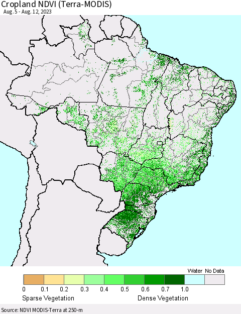 Brazil Cropland NDVI (Terra-MODIS) Thematic Map For 8/5/2023 - 8/12/2023
