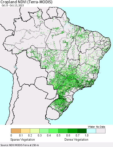 Brazil Cropland NDVI (Terra-MODIS) Thematic Map For 10/8/2023 - 10/15/2023