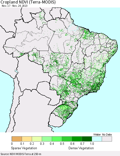 Brazil Cropland NDVI (Terra-MODIS) Thematic Map For 11/17/2023 - 11/24/2023
