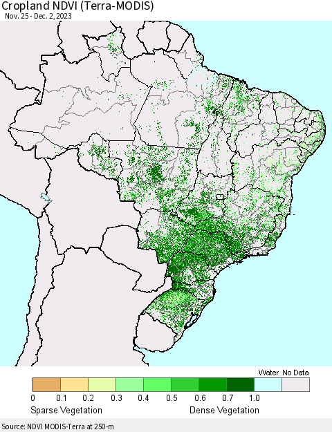 Brazil Cropland NDVI (Terra-MODIS) Thematic Map For 11/25/2023 - 12/2/2023