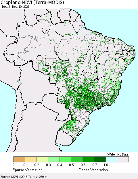 Brazil Cropland NDVI (Terra-MODIS) Thematic Map For 12/3/2023 - 12/10/2023