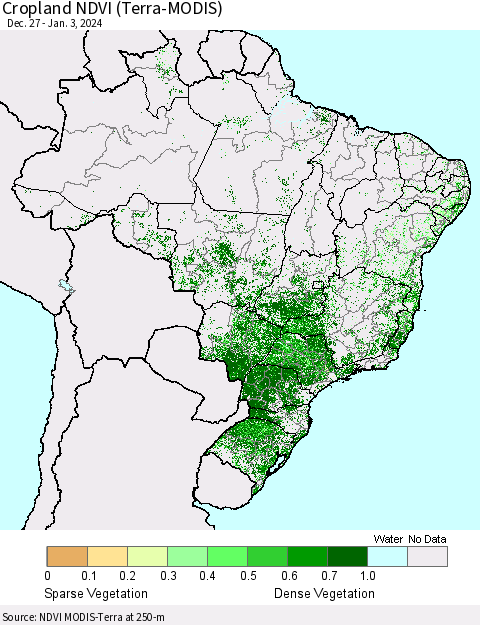 Brazil Cropland NDVI (Terra-MODIS) Thematic Map For 12/27/2023 - 1/3/2024